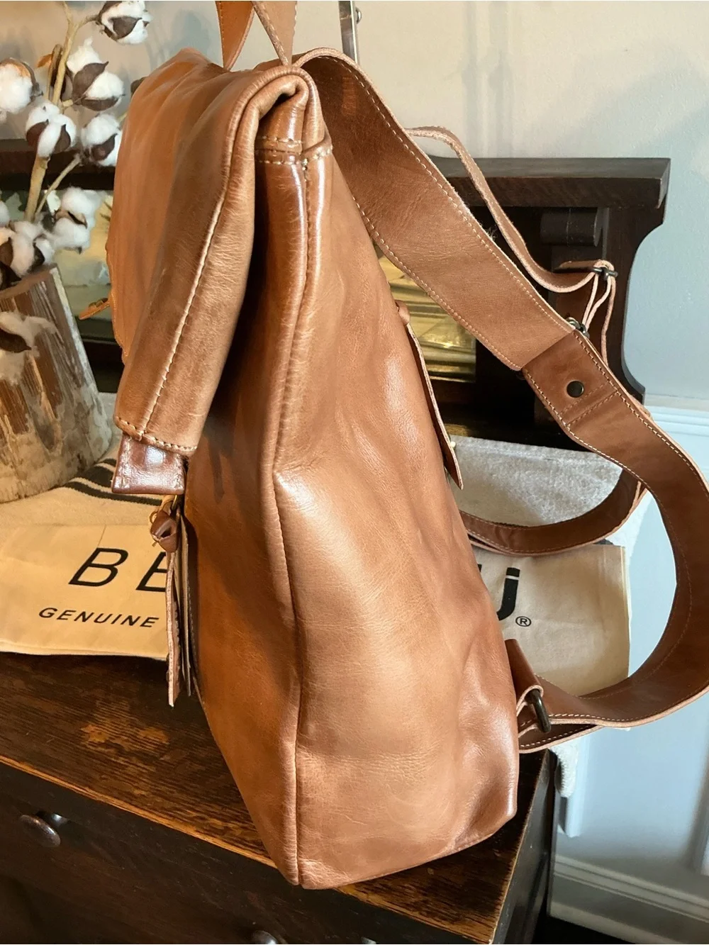 NWT Bed Stu Leather Howie Flapover Leather Backpack Tan Rustic Retail $365